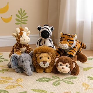 Safari Jungle Animal Plush Toys Set, 6 Pieces, Lion Elephant Zebra Giraffe Tiger Monkey, Party Decorations