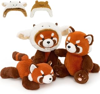 MorisMos 4pcs Red Panda Teddy Soft Toy, 3 Cuddly Red Panda Plush with A Reversible Headwear, Lifelike Stuffed Animal Presents for Kids Birthday, Home Decoration