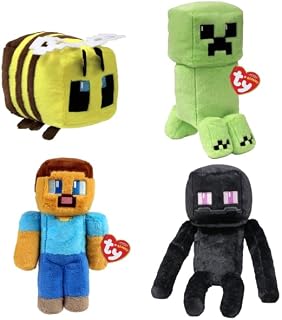 TY Minecraft Bee, Creeper, Enderman & Steve Collectible Plush Toy, 4-Piece